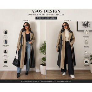 ASOS Colorblock Beige black Faux Leather double breast Trench Duster Coat Sz-14